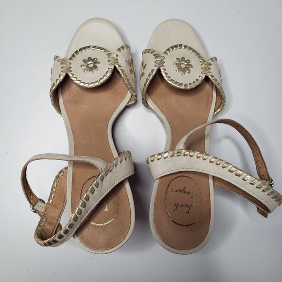 Jack Rogers Clare Wedge Sandal 10‎ Bone Ivory Gold Ankle Strap - Picture 3 of 10